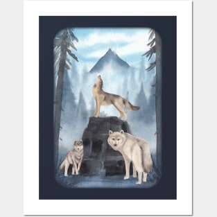 Three wolf hunting in misty forest night Howling Posters and Art